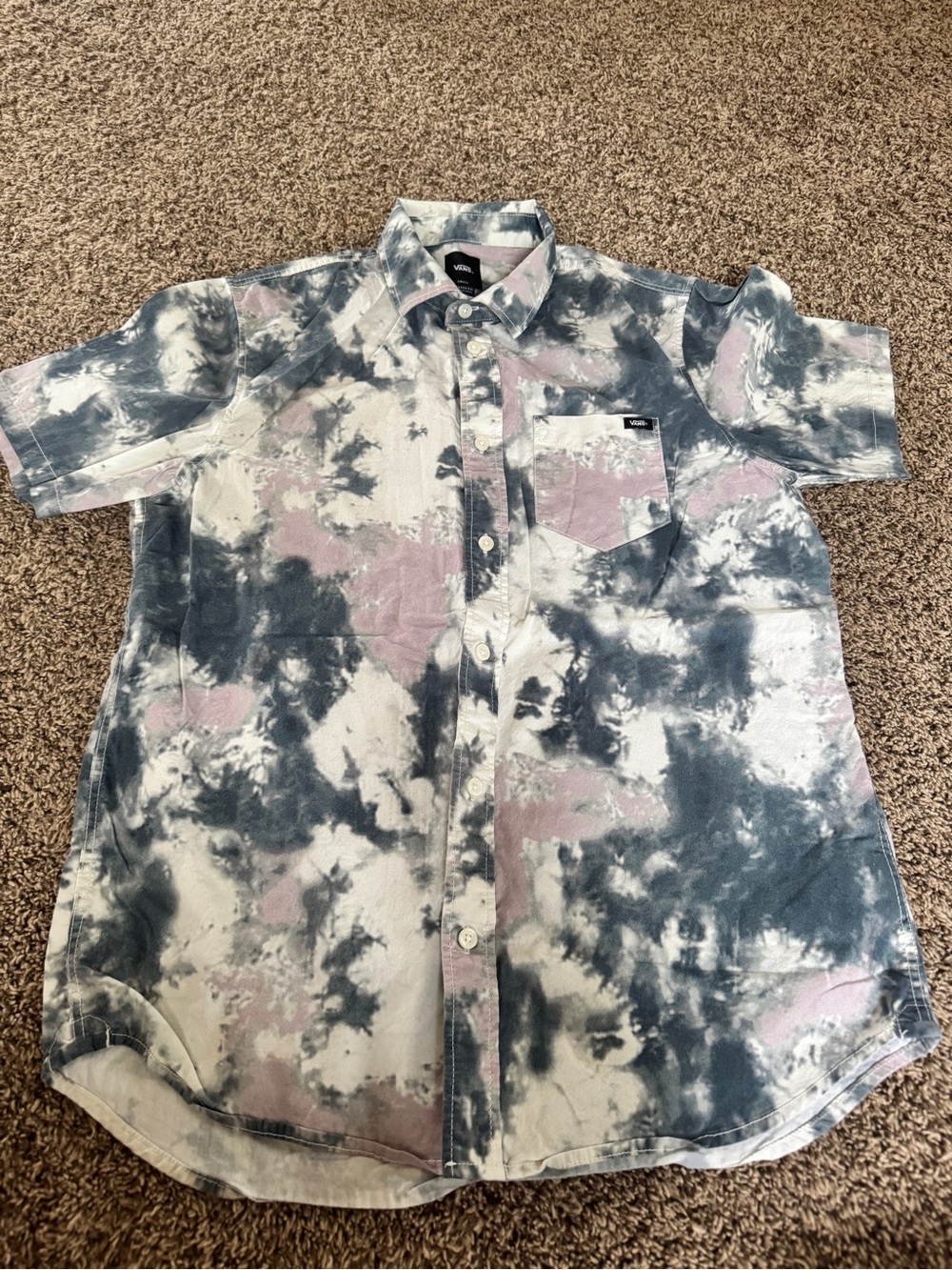 Vans Men’s Short-Sleeve Button-Up Shirt in Navy, Light Pink & White